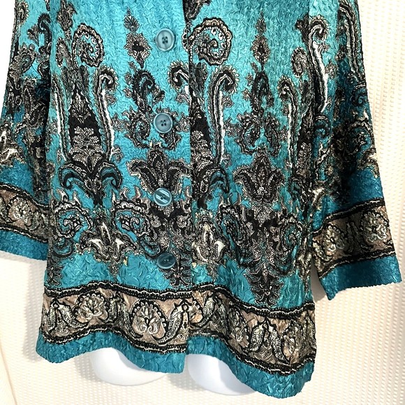 Vintage 1980s Joni B Turquoise Crinkle Silky Big Button Disco Collar Blouse Sz L - Picture 3 of 5